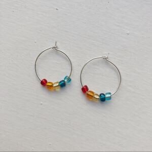 Retro modern handmade beaded silver hoop earrings 20mm